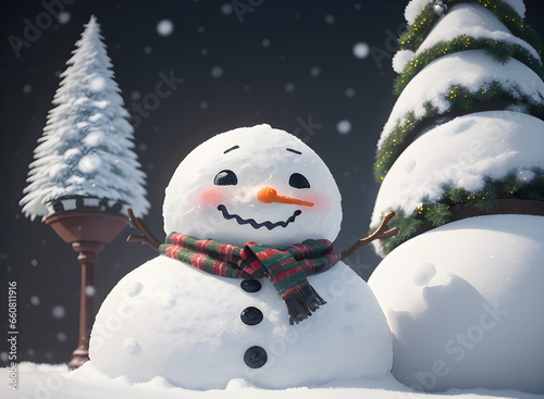a snowman during a snowfall, christmas, closeup, perfect composition