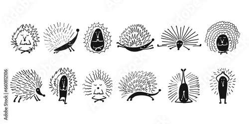 Hedgehogs characters doing Yoga. Funny characters for your design. Vector illustration.