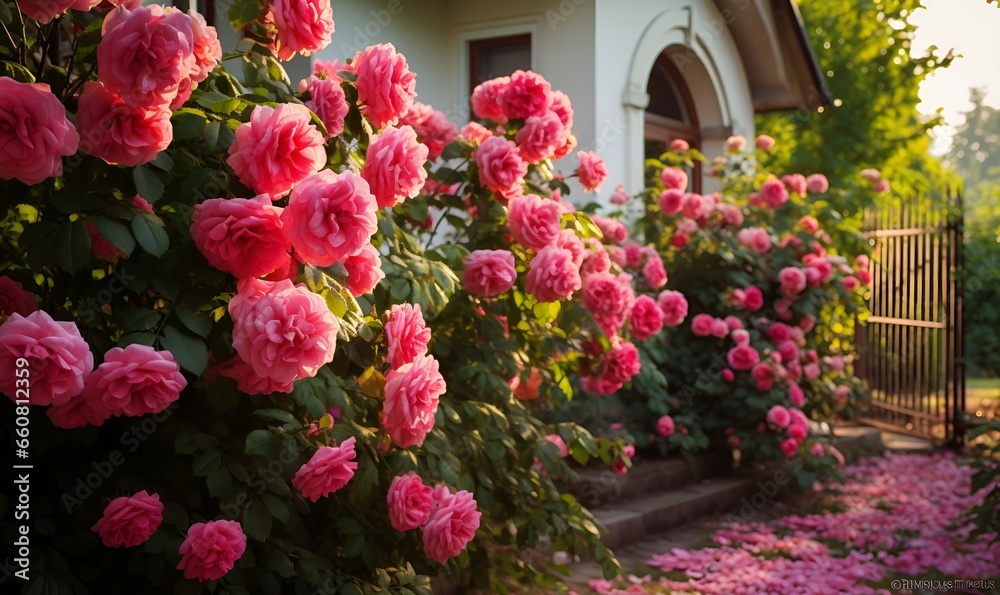 a garden full of pink roses, Generative AI