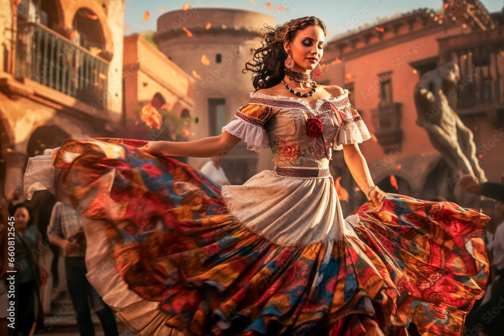 Obraz premium Woman at the Day of the Dead party in Mexico, made up with her face painted as a skull and dressed in Mexican clothing, in the rustic town square dancing typical cultural dances, backlit at sunset