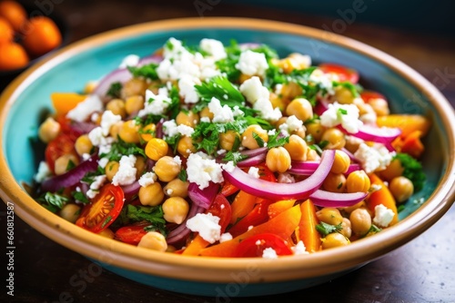 a brightly colored salad with chickpeas and feta cheese