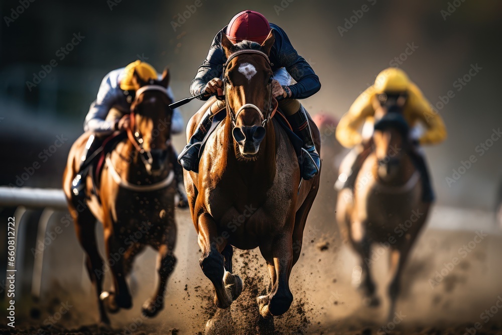Intense horse racing at golden hour on track Intense horse racing at golden hour on track