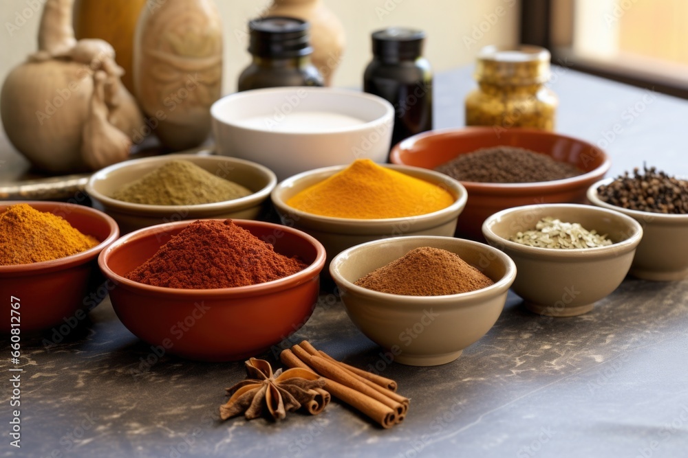 assorted spices in ceramic bowls on polished countertop