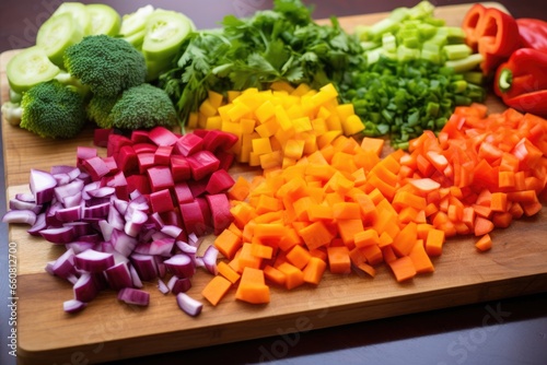 colorful vegetables being chopped on a wooden board