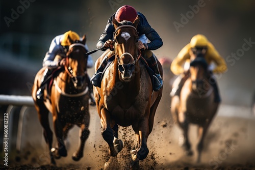 Intense horse racing at golden hour on track