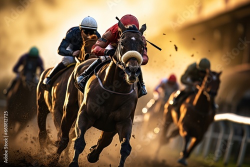 Intense horse racing at golden hour on track