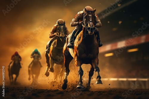 Intense horse racing at golden hour on track