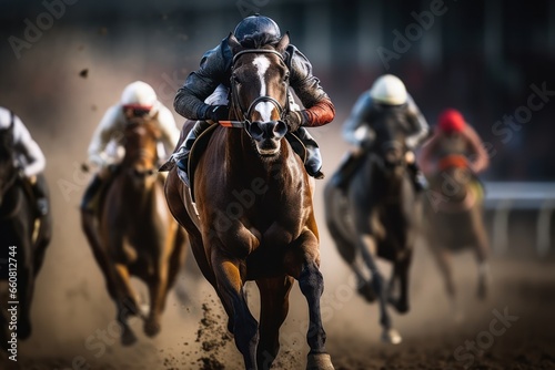 Intense horse racing at golden hour on track © viperagp