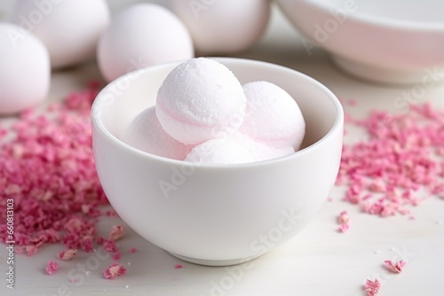 a white ceramic bowl with a pink bath bomb fizzing