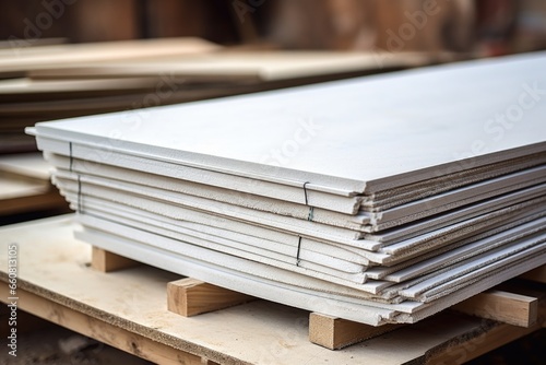 a stack of drywall sheets in a construction site