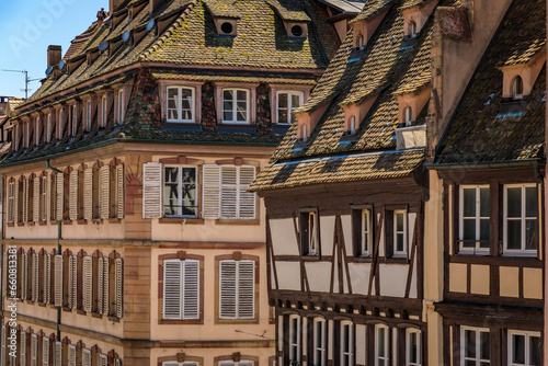 Ornate traditional half timbered houses in the Carre d Or, historical district by the Strasbourg Cathedral, Alsace, France