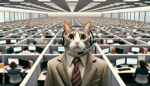 Corporate Cat-astrophe: Suited Cat in Call Center Chaos