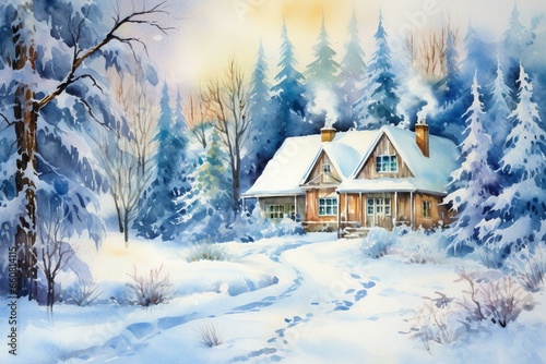 Winter watercolor painting of a house in snowy forest. Cozy landscape on a cold snowy day. Generative AI © Alexander