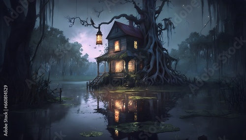magical fantasy swamp witch voodoo shack bayou moss and water tall trees Louisiana dusk gas lamps misty fireflies smoke glow cinematic photorealistic depth raytracing 