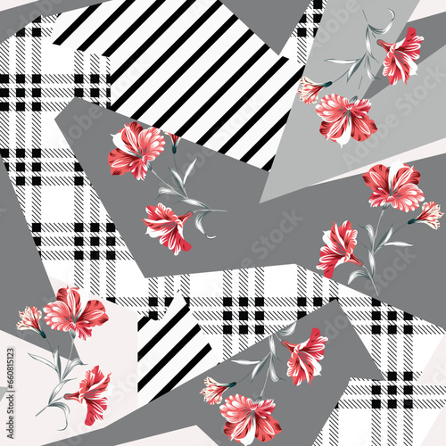 seamless vector flower and stripe with cheeks design pattern on white background