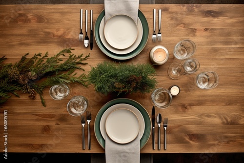 overhead shot of a simple wooden dining table setting