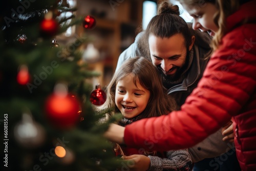 Happy family is decorating a Christmas tree at home