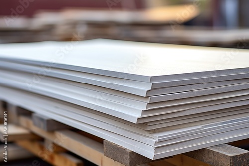 a stack of drywall sheets in a construction site photo
