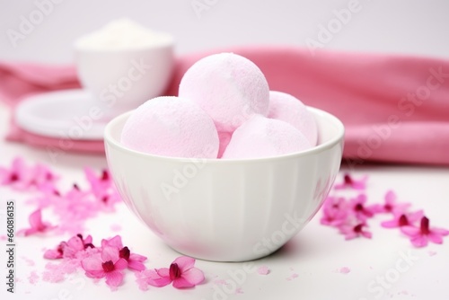 a white ceramic bowl with a pink bath bomb fizzing