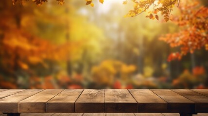 The empty rustic wooden table for product display with blur background of autumn forest. Exuberant image. generative ai