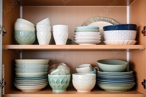 ceramic dishware neatly arranged in kitchen cabinet