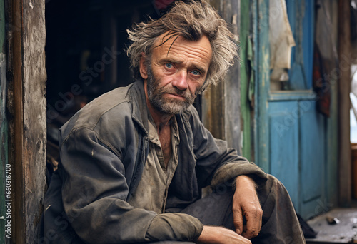 1980s photography, Old Scruffy Looking Man, rugged individual homeless bearded man with dirty clothes sit in front of an old home on the streets