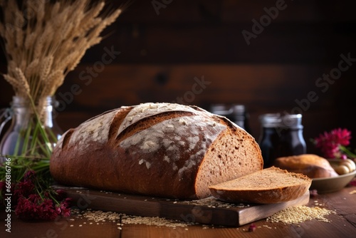 freshly baked whole grain bread on a rustic wooden table