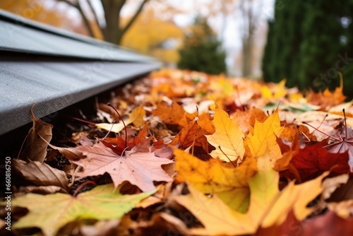 collection of fallen leaves on a rooftop gutter