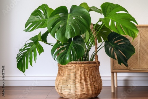 a large leafy monstera plant in a woven basket