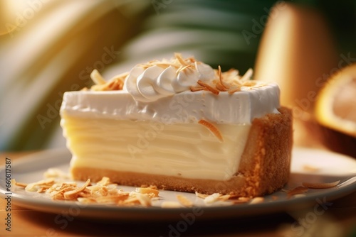 Fotografie, Tablou Coconut cream tart or coconut cream pie for selling premium dessert food on colour elegant coconut leaf blurred background