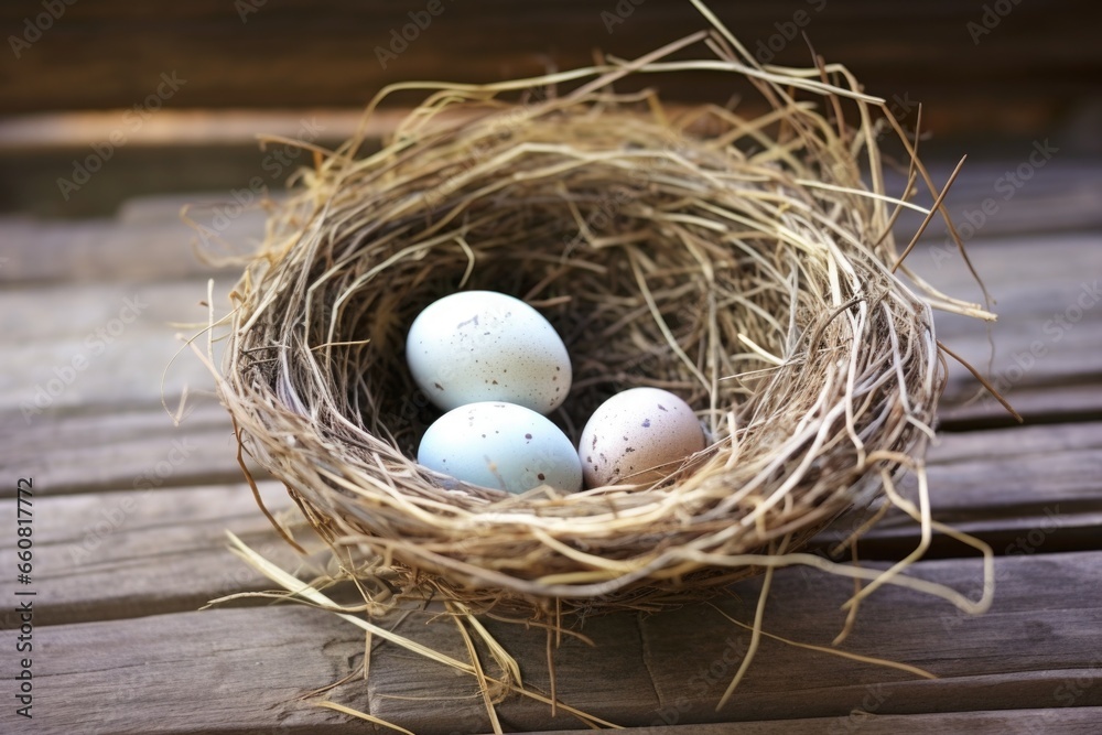 two empty bird nests, one filled with eggs two empty bird nests, one filled with eggs