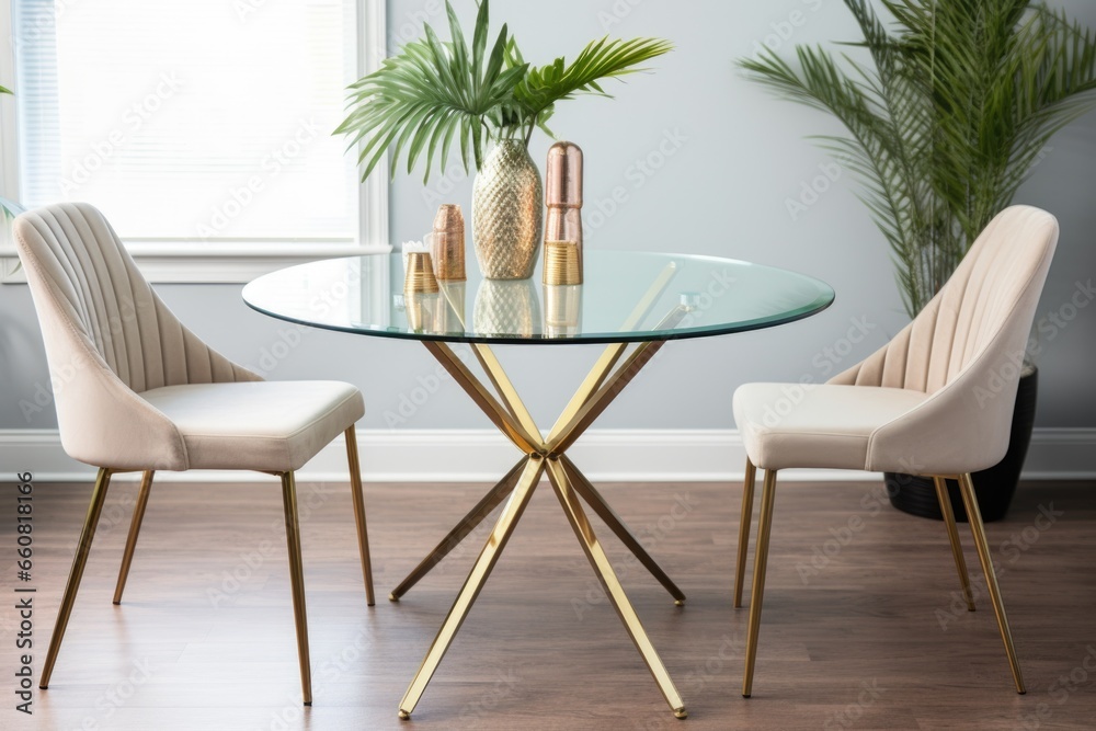 round glass dining table with gold metal legs