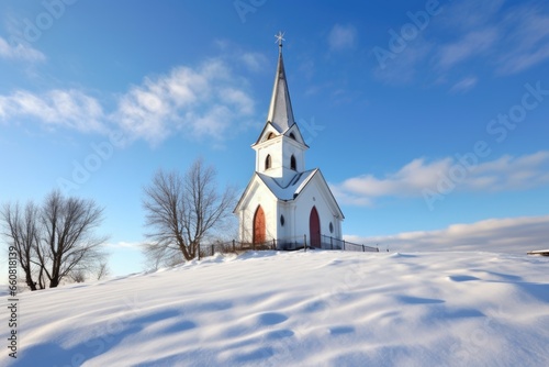 a snow-topped chapel under a clear winter sky