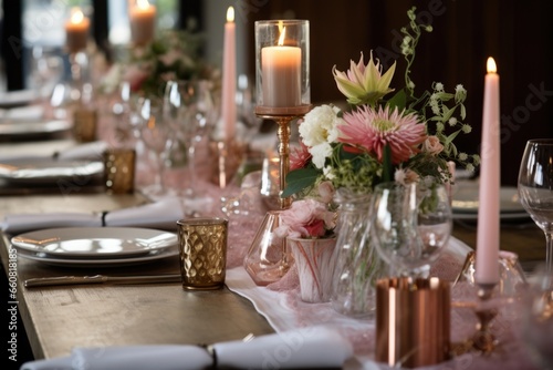 wedding table set up with flowers and candles