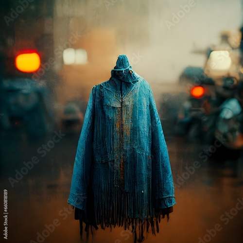 distressed blue poncho in the style of clint eastwood photoreal octane render  photo