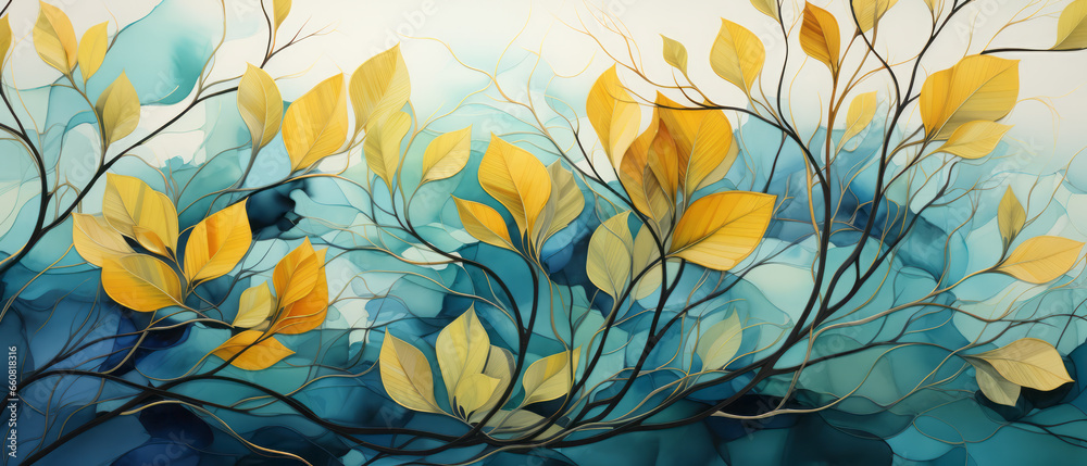 Autumn background with yellow and blue leaves in watercolor style. Autumn background with yellow and blue leaves in watercolor style.