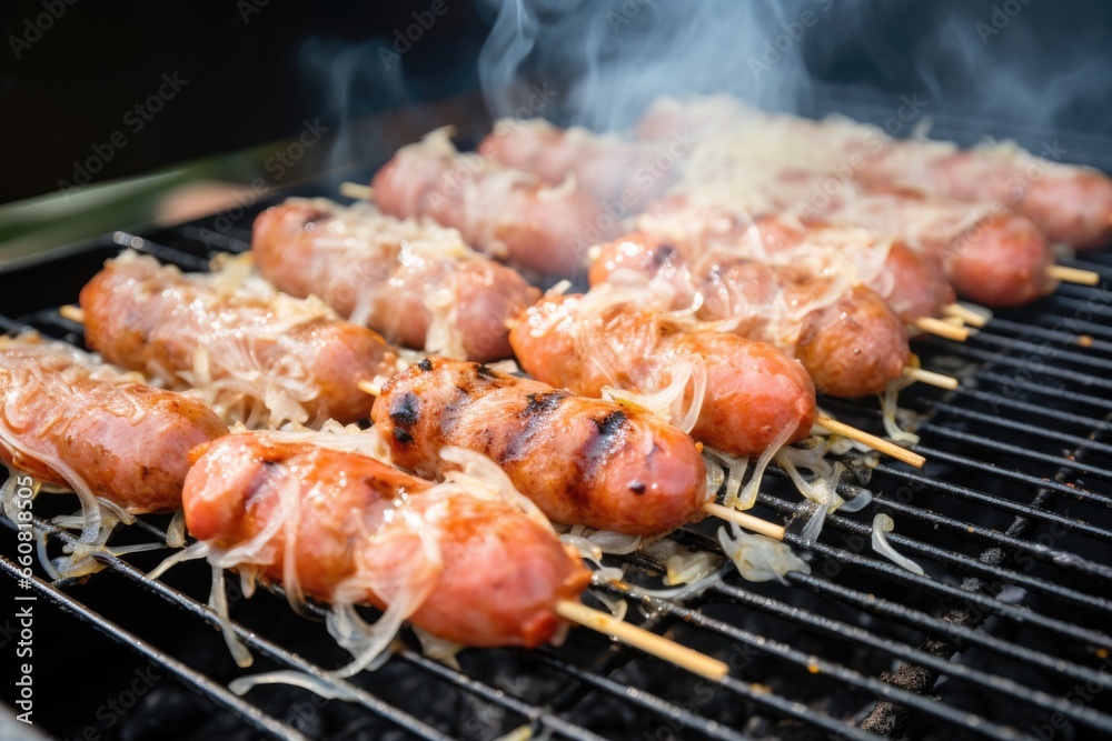sausages on a grill being coated in an onion mix