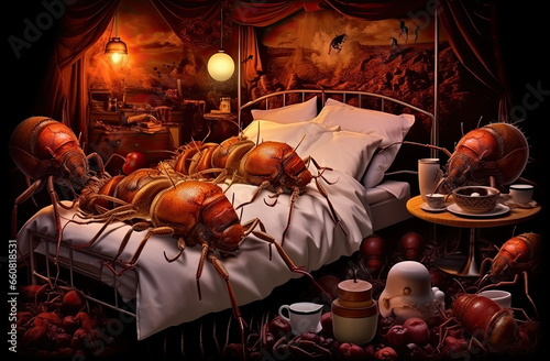 Surreal Bed Bug Infestation is a serious and distressing problem caused by the presence of small, parasitic insects known as bed bugs (Cimex lectularius) photo