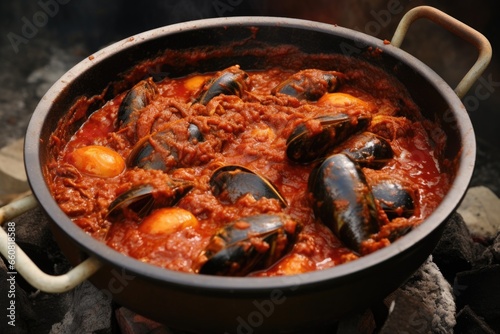 cooking pot full of steaming mussels in marinara sauce