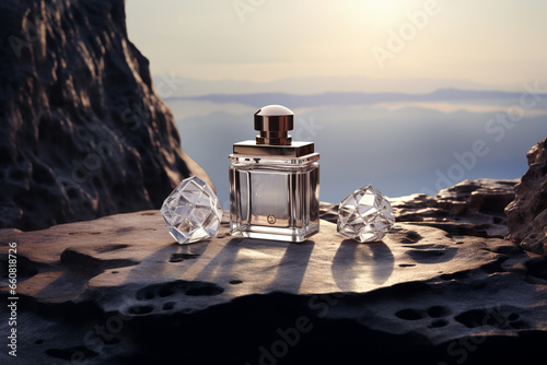 Perfume bottle or whiskey bottle in elegant style on the background of rocks