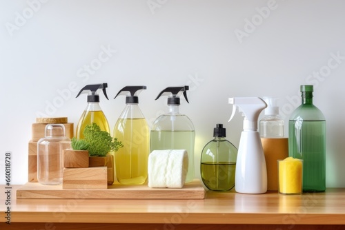 natural cleaning products showcased on a wooden shelf