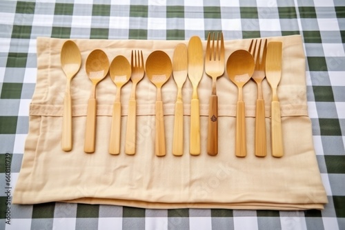 cutlery made of bamboo placed neatly on a flaxen tablecloth