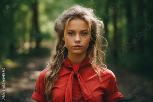Soviet style, beautiful pioneer girl with a red bandage-tie at a summer camp