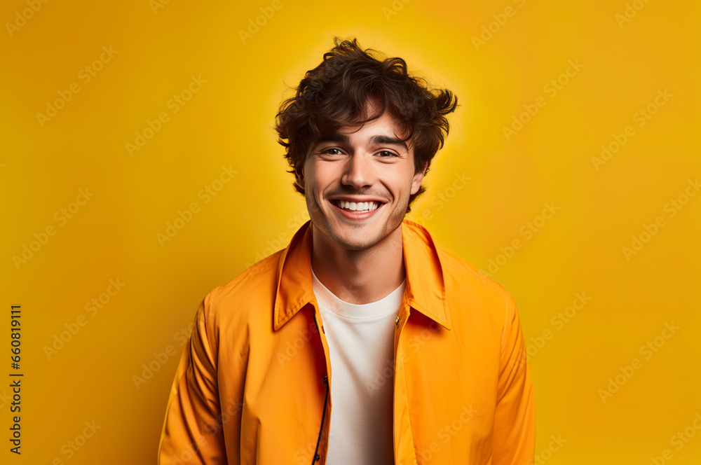 Picture of happy young male in yellow jacket