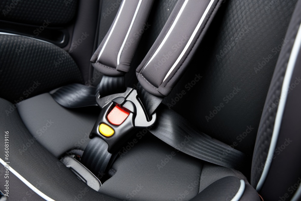 the close-up view of a toddler car seats 5-point harness buckle