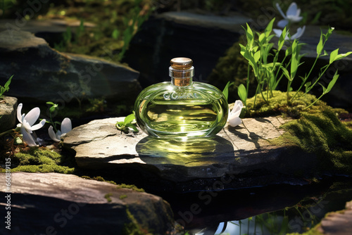 Perfume bottle or whiskey bottle in elegant style on the background of rocks © toonsteb
