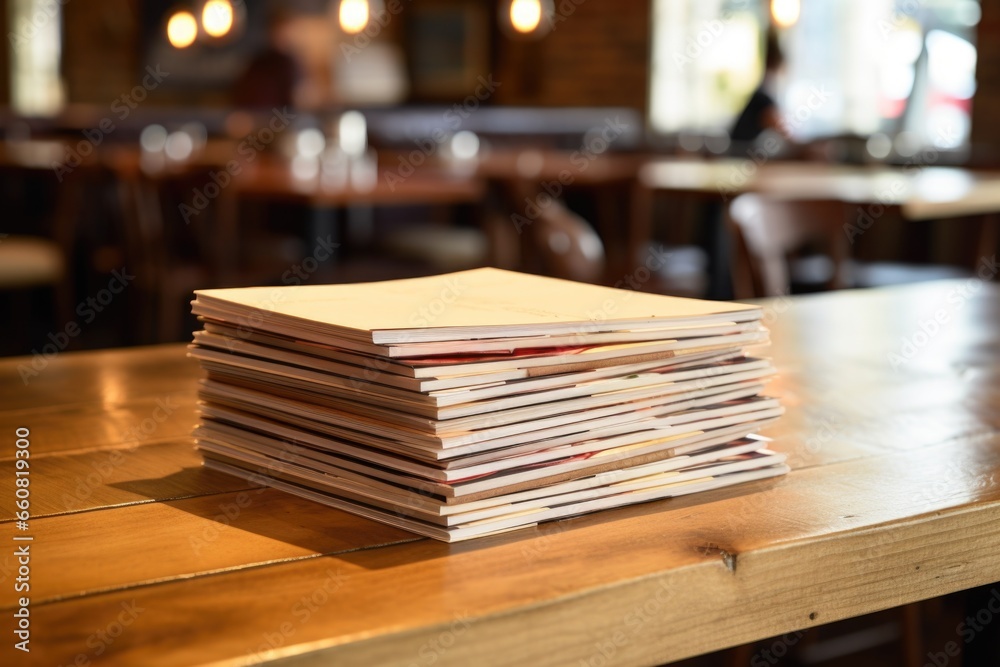 stack of restaurant menus on wooden counter stack of restaurant menus on wooden counter