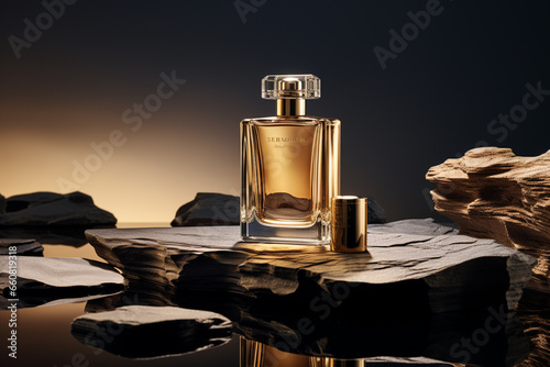 Perfume bottle or whiskey bottle in elegant style on the background of rocks