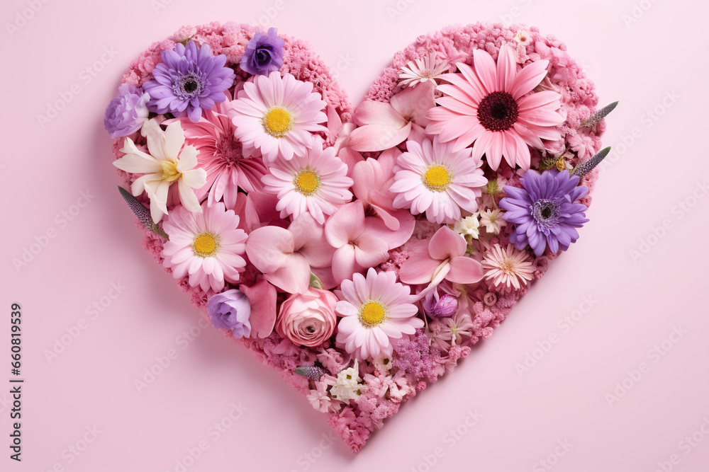 Field flowers in the shape of a heart on a pink background. Field flowers in the shape of a heart on a pink background.