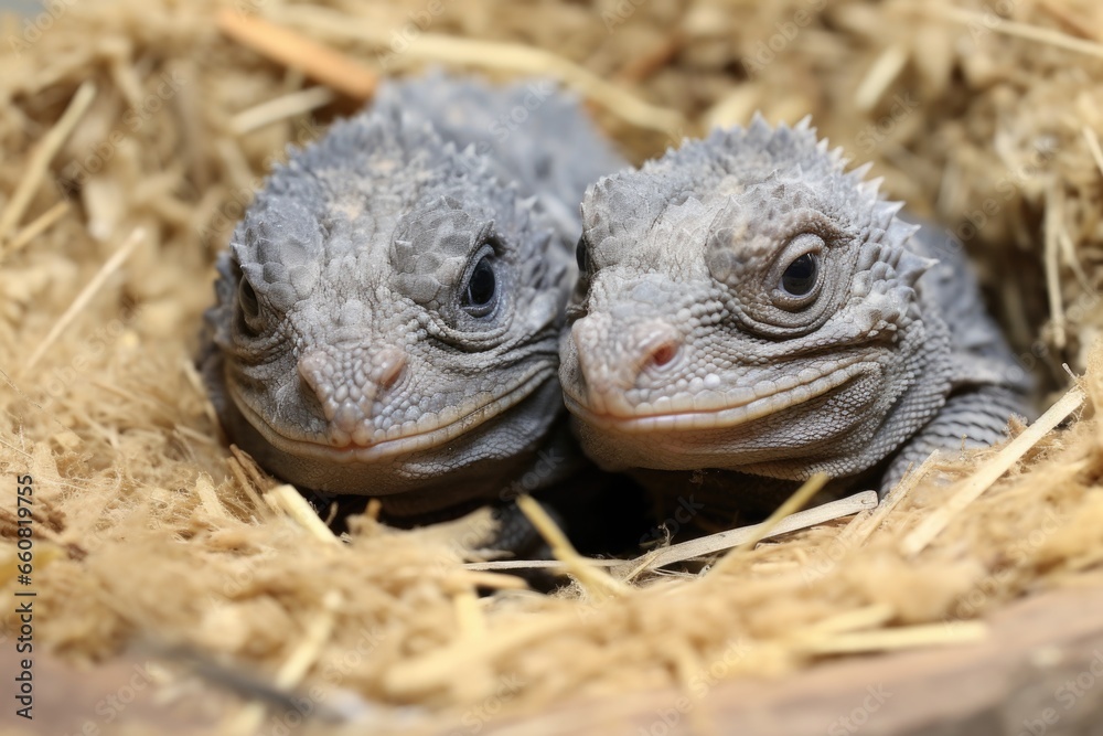 Fototapeta premium twin iguana hatchlings basking together